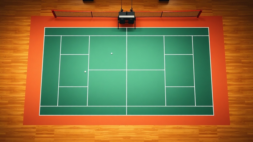 배드민턴 코트의 모든 라인과 구역이 명확하게 표시된 상태의 전경