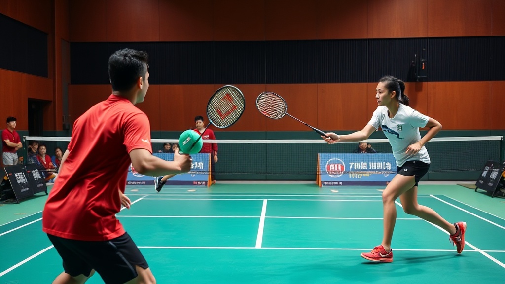 복식 배드민턴 경기에서 양팀 선수들이 각자의 포지션에 위치한 모습